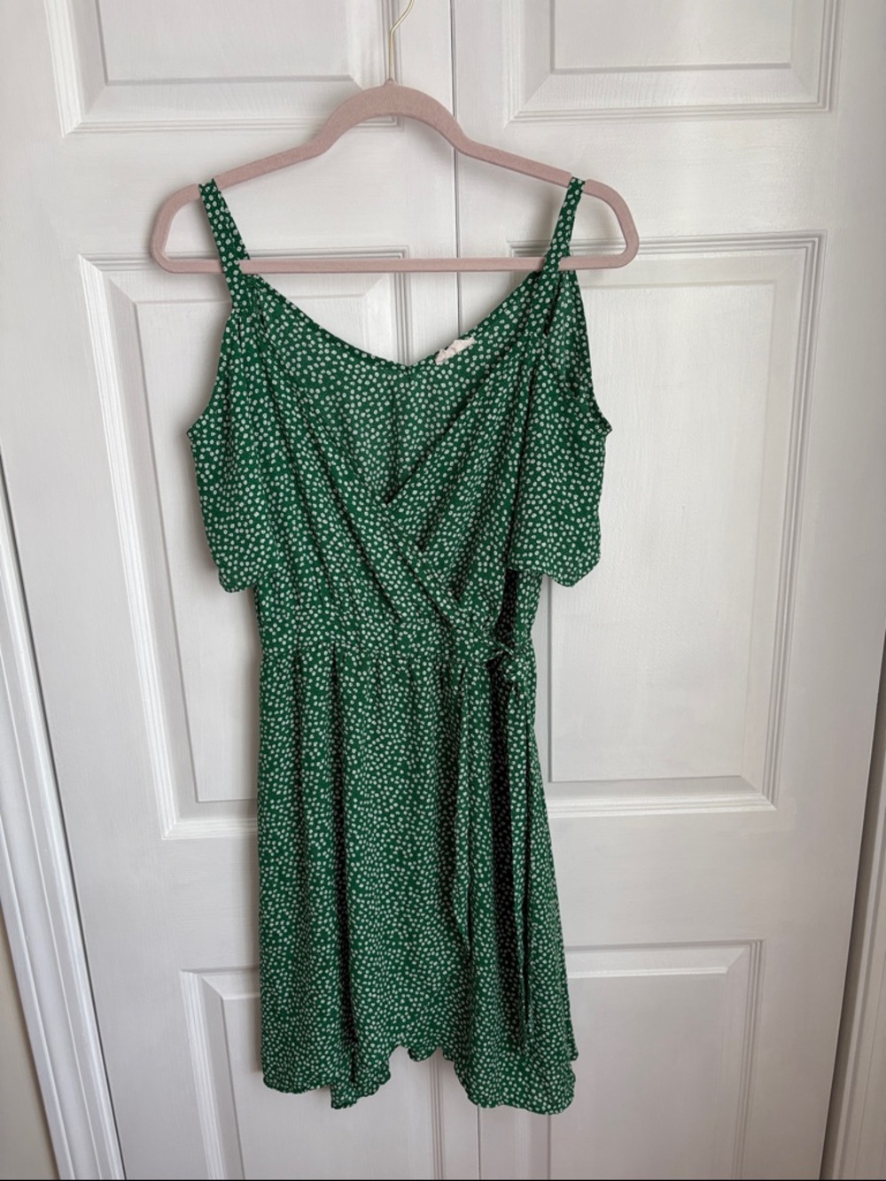 Sienna Sky Green Printed Cold-Shoulder Wrap Midi Dress